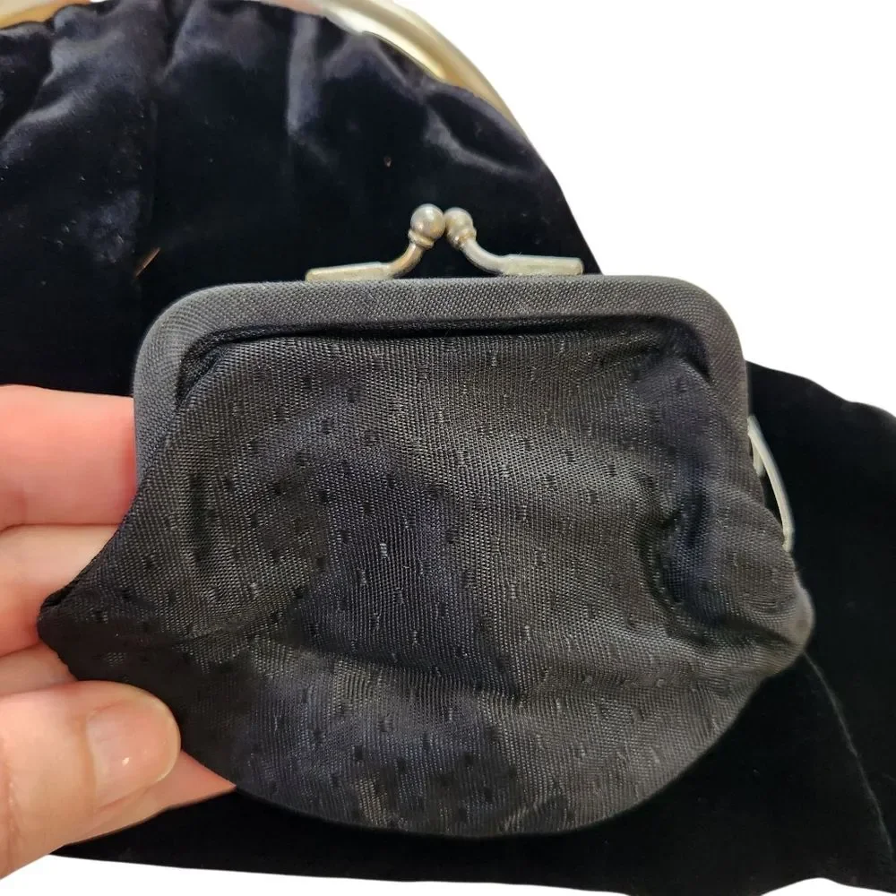 Vintage Black Velvet Fold Over Clutch Evening Bag Rhinestone Clip Frame Retro